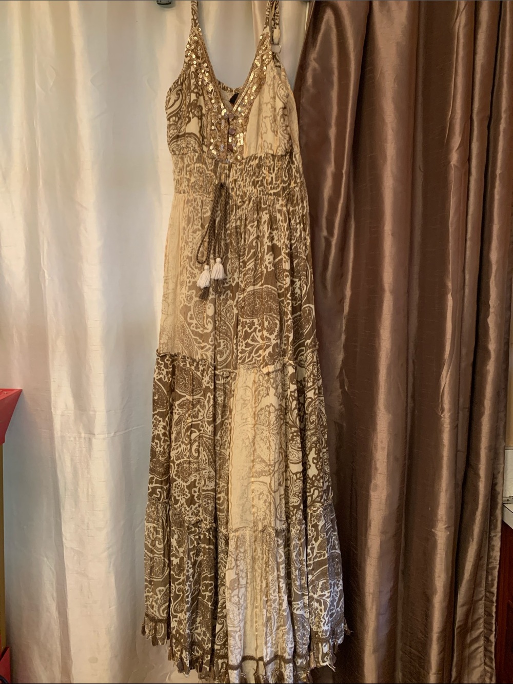 Me 2 Magic Embroidered V-Neck Maxi Dress in Tan and Cream with gold shimmer